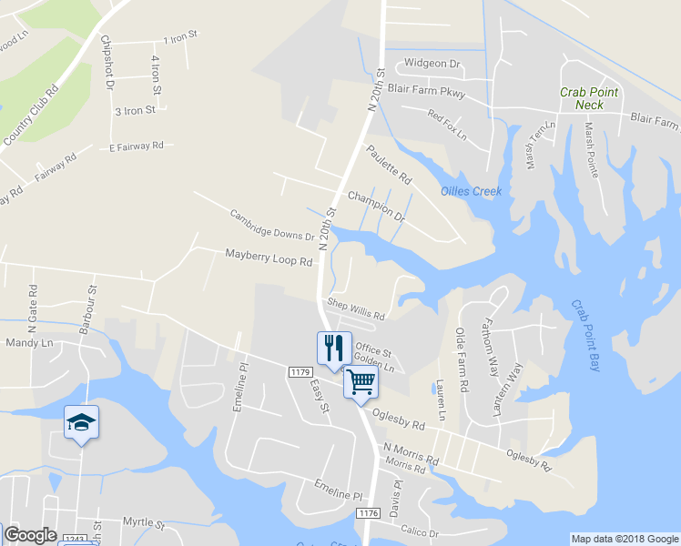 map of restaurants, bars, coffee shops, grocery stores, and more near 1227 Creek Road in Morehead City