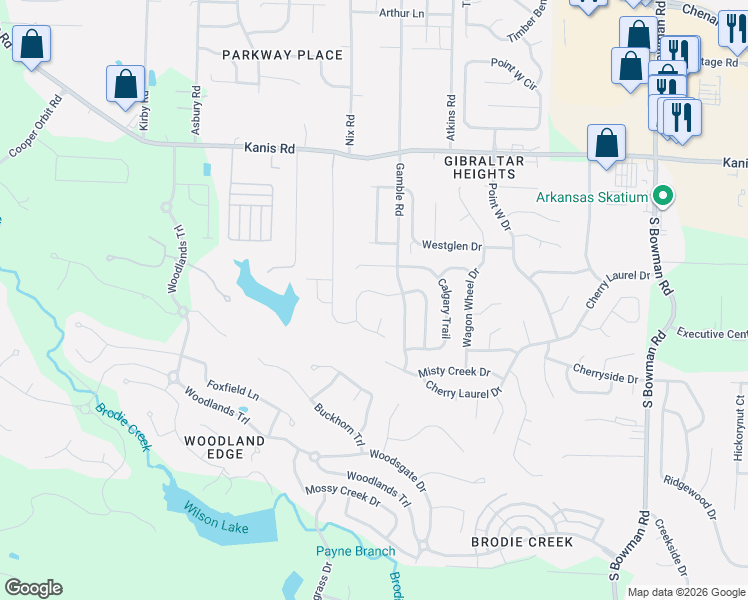 map of restaurants, bars, coffee shops, grocery stores, and more near 1602 Mesquite Drive in Little Rock