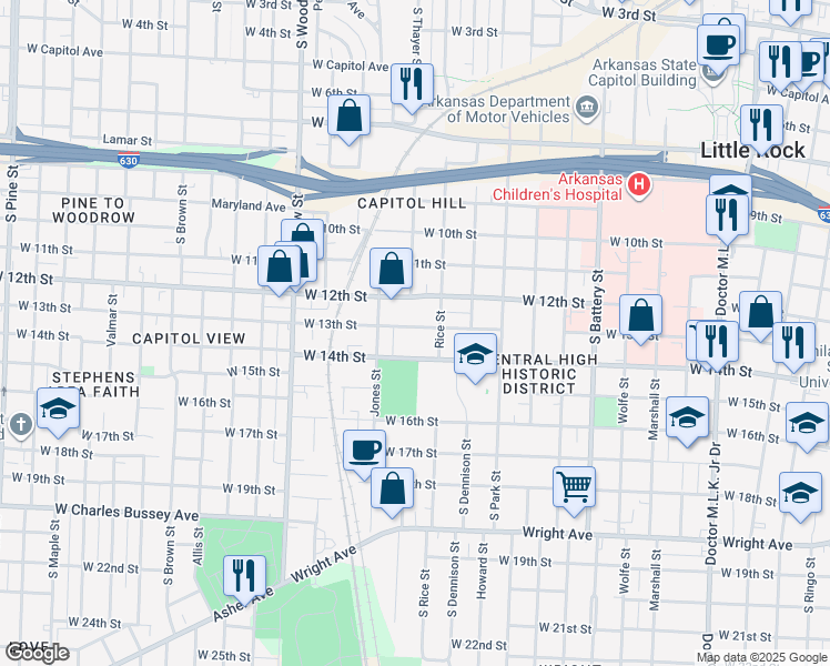 map of restaurants, bars, coffee shops, grocery stores, and more near 2423 West 13th Street in Little Rock