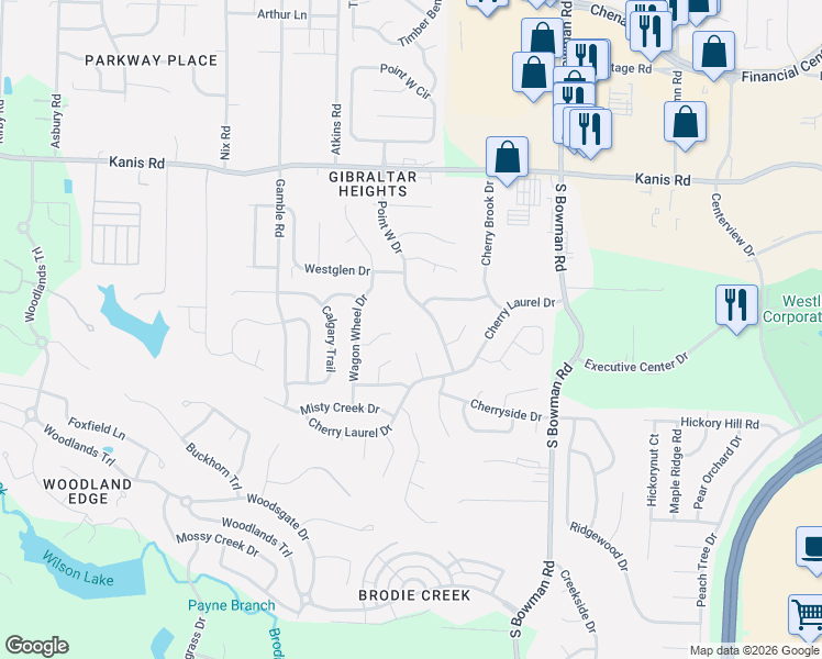 map of restaurants, bars, coffee shops, grocery stores, and more near 18 Rocky Crest Court in Little Rock