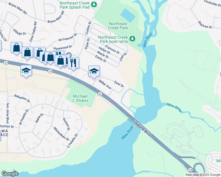 map of restaurants, bars, coffee shops, grocery stores, and more near 52 East Drive in Jacksonville