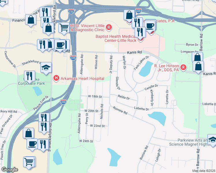 map of restaurants, bars, coffee shops, grocery stores, and more near 1617 Nichols Road in Little Rock