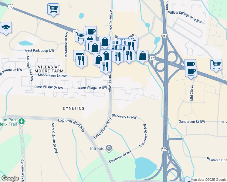 map of restaurants, bars, coffee shops, grocery stores, and more near 1100 Enterprise Way Northwest in Huntsville