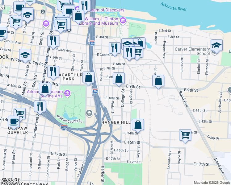 map of restaurants, bars, coffee shops, grocery stores, and more near 918 College Street in Little Rock