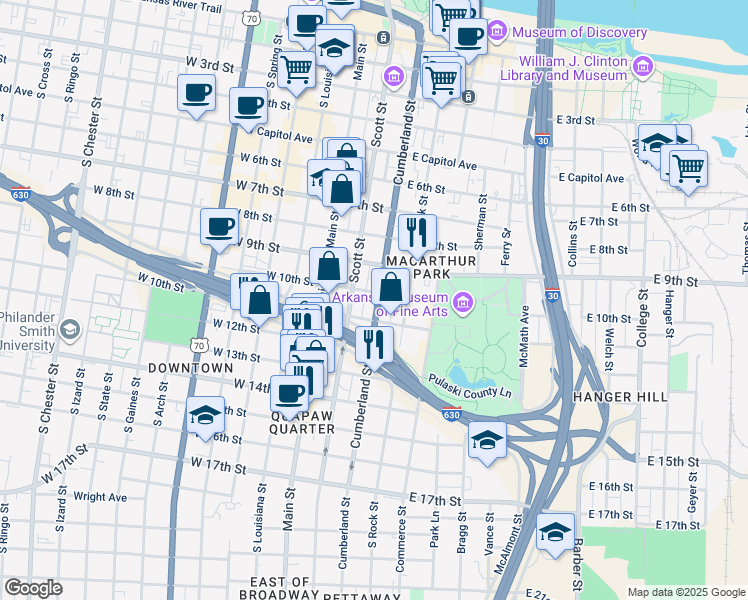 map of restaurants, bars, coffee shops, grocery stores, and more near 1003 Cumberland Street in Little Rock