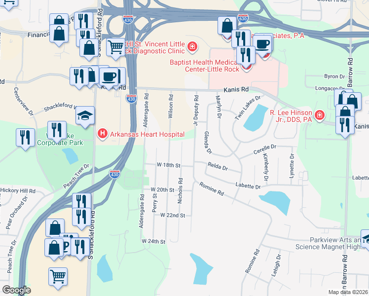 map of restaurants, bars, coffee shops, grocery stores, and more near 1617 Nichols Road in Little Rock