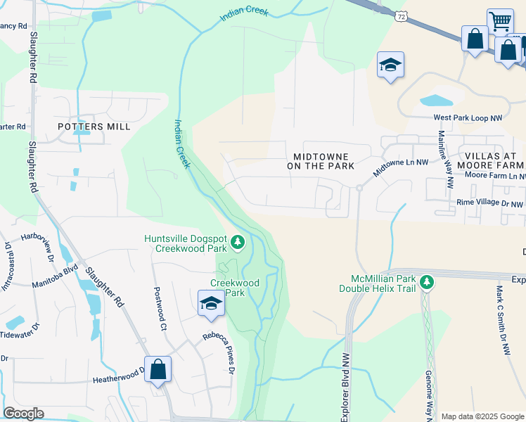 map of restaurants, bars, coffee shops, grocery stores, and more near 1171 Towne Creek Place Northwest in Huntsville
