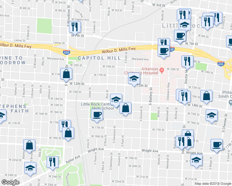 map of restaurants, bars, coffee shops, grocery stores, and more near 1911 Dennison Street in Little Rock