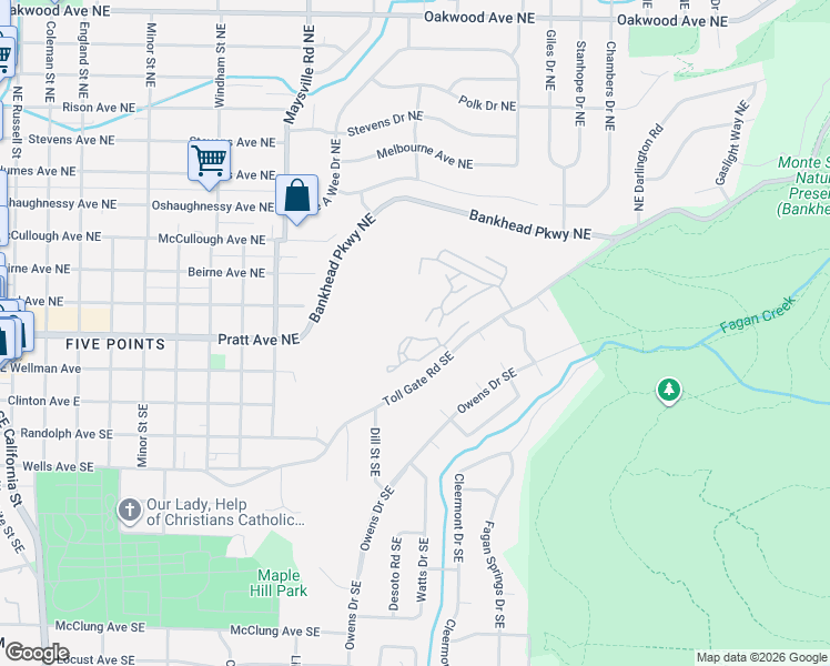 map of restaurants, bars, coffee shops, grocery stores, and more near 206 Treetop Drive Southeast in Huntsville
