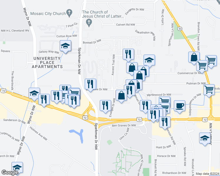 map of restaurants, bars, coffee shops, grocery stores, and more near 346-398 Executive Drive Northwest in Huntsville