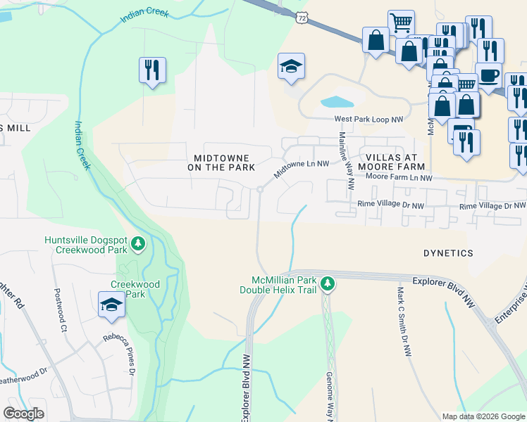 map of restaurants, bars, coffee shops, grocery stores, and more near 1115 Pegasus Drive Northwest in Huntsville