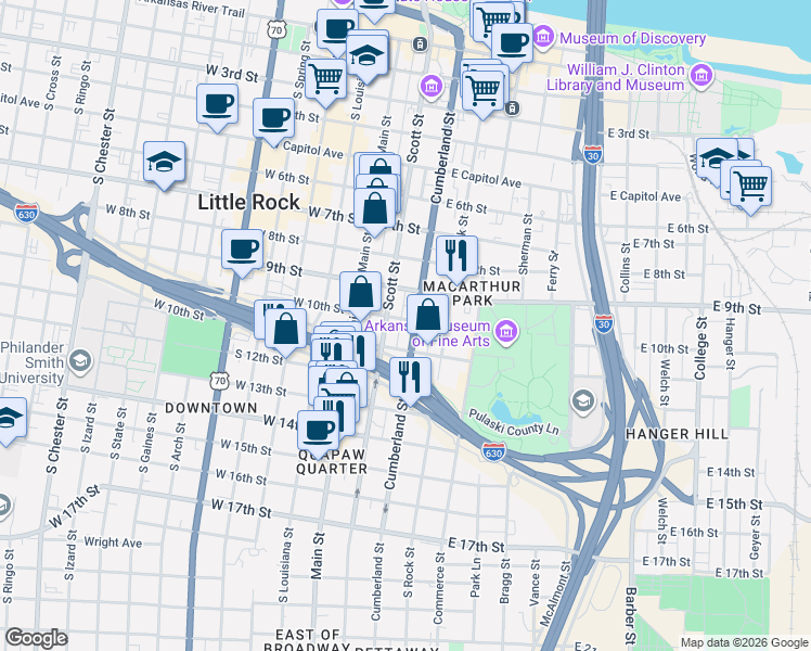map of restaurants, bars, coffee shops, grocery stores, and more near 1003 Cumberland Street in Little Rock