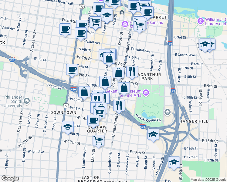 map of restaurants, bars, coffee shops, grocery stores, and more near 1007 Main Street in Little Rock
