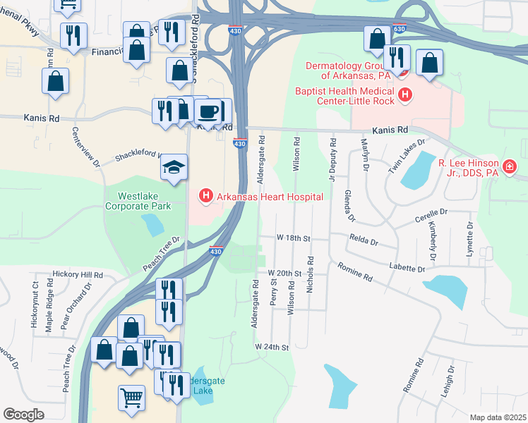 map of restaurants, bars, coffee shops, grocery stores, and more near 1620 Perry Street in Little Rock