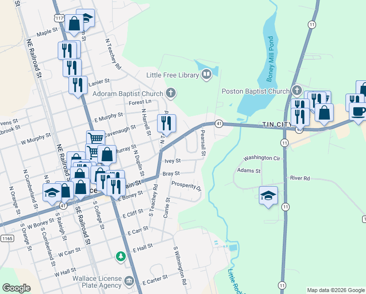 map of restaurants, bars, coffee shops, grocery stores, and more near 122 Circle Drive in Wallace