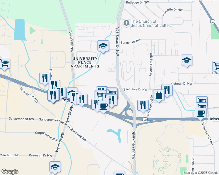 map of restaurants, bars, coffee shops, grocery stores, and more near 1503 Sparkman Drive Northwest in Huntsville