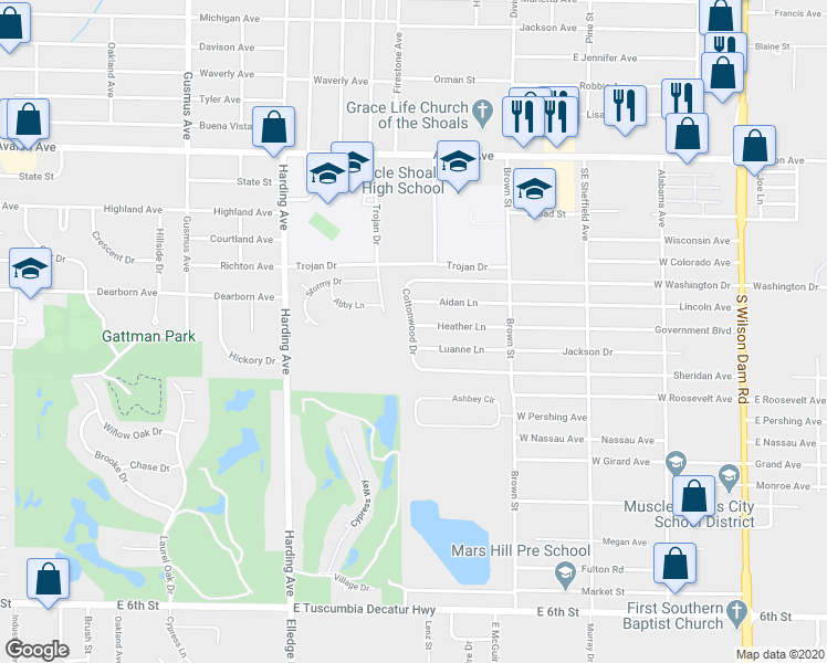 map of restaurants, bars, coffee shops, grocery stores, and more near 114 Cottonwood Drive in Muscle Shoals