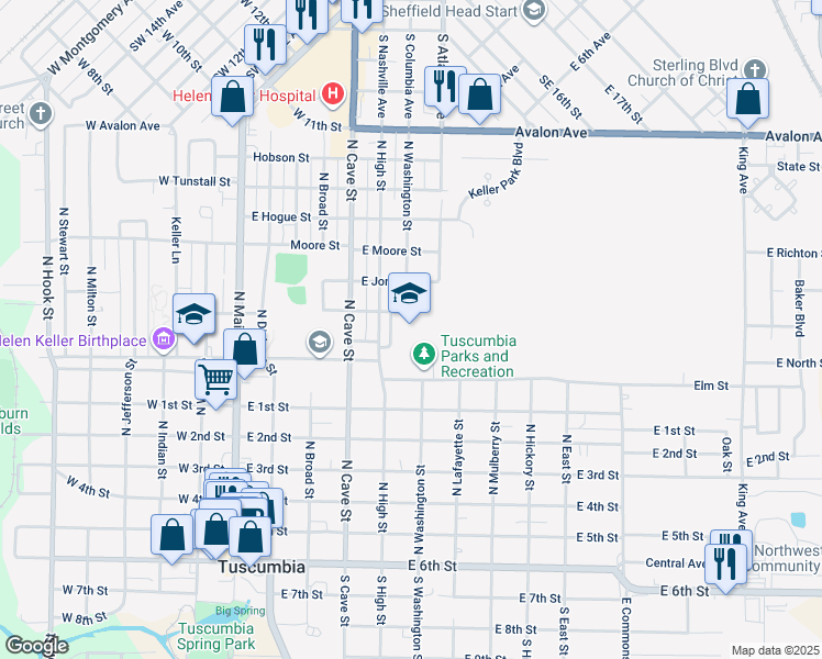 map of restaurants, bars, coffee shops, grocery stores, and more near 598 North High Street in Tuscumbia
