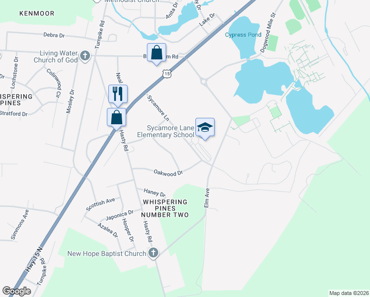 map of restaurants, bars, coffee shops, grocery stores, and more near 2100 Sycamore Lane in Laurinburg