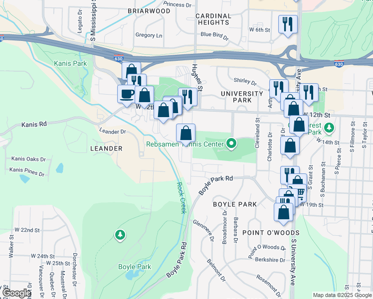 map of restaurants, bars, coffee shops, grocery stores, and more near 1501 Westpark Drive in Little Rock