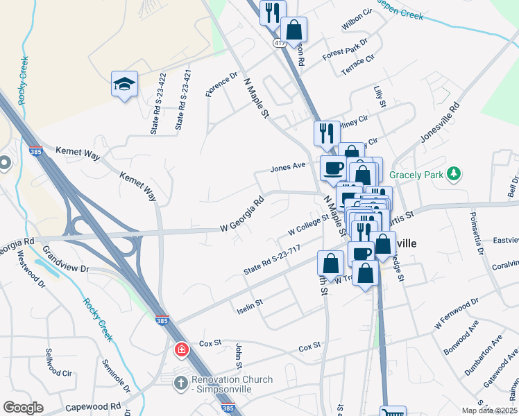 map of restaurants, bars, coffee shops, grocery stores, and more near 305 West Georgia Road in Simpsonville