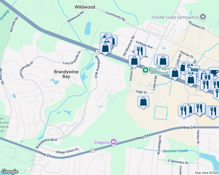 map of restaurants, bars, coffee shops, grocery stores, and more near 112 Carefree Lane in Morehead City