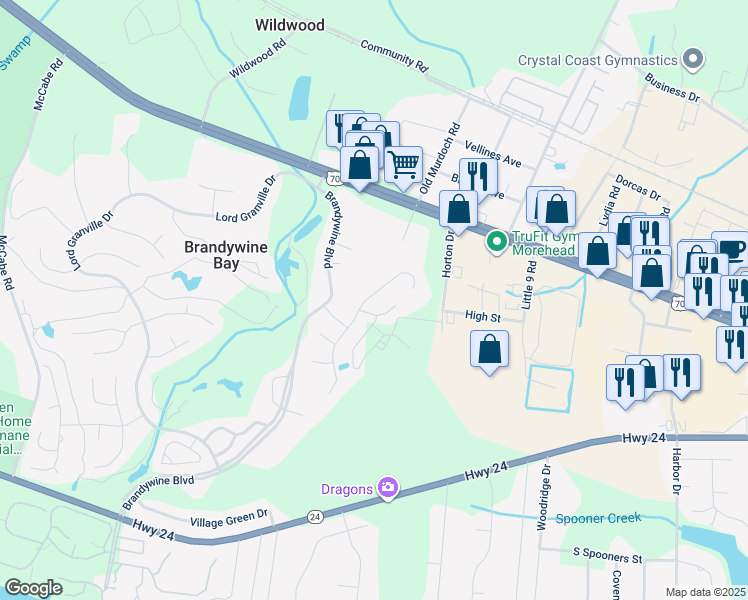 map of restaurants, bars, coffee shops, grocery stores, and more near 112 Carefree Lane in Morehead City