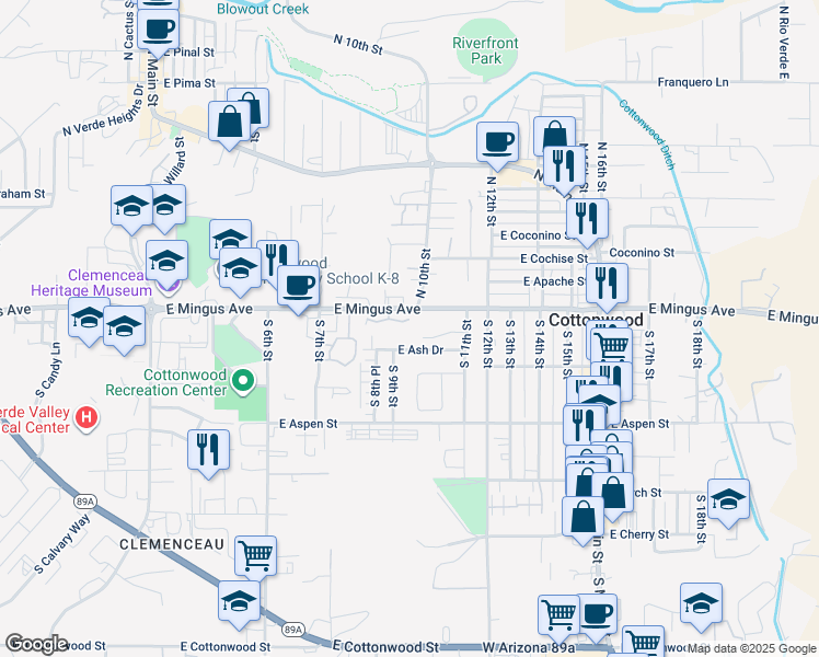 map of restaurants, bars, coffee shops, grocery stores, and more near 1002 East Ash Drive in Cottonwood