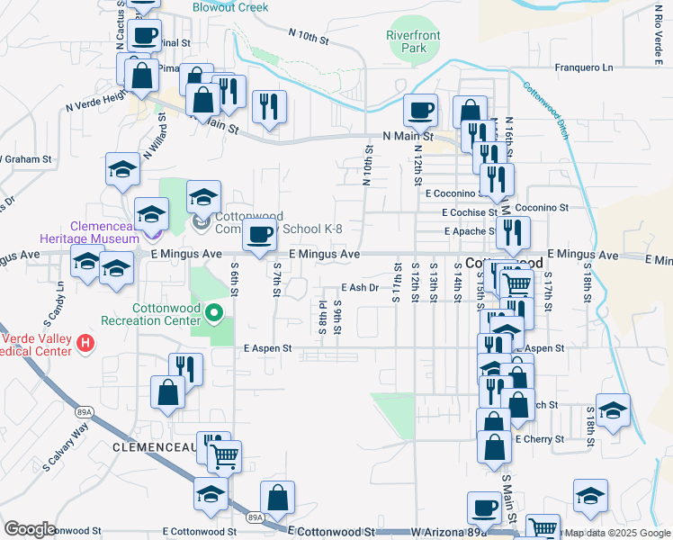 map of restaurants, bars, coffee shops, grocery stores, and more near 886 East Ash Drive in Cottonwood