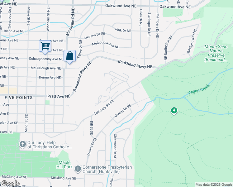 map of restaurants, bars, coffee shops, grocery stores, and more near 2216 Toll Gate Road Southeast in Huntsville