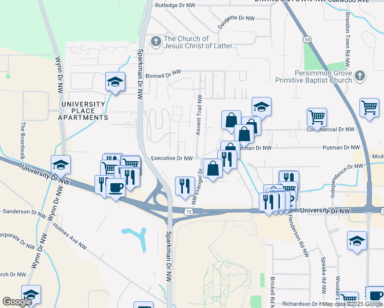 map of restaurants, bars, coffee shops, grocery stores, and more near 346-398 Executive Drive Northwest in Huntsville
