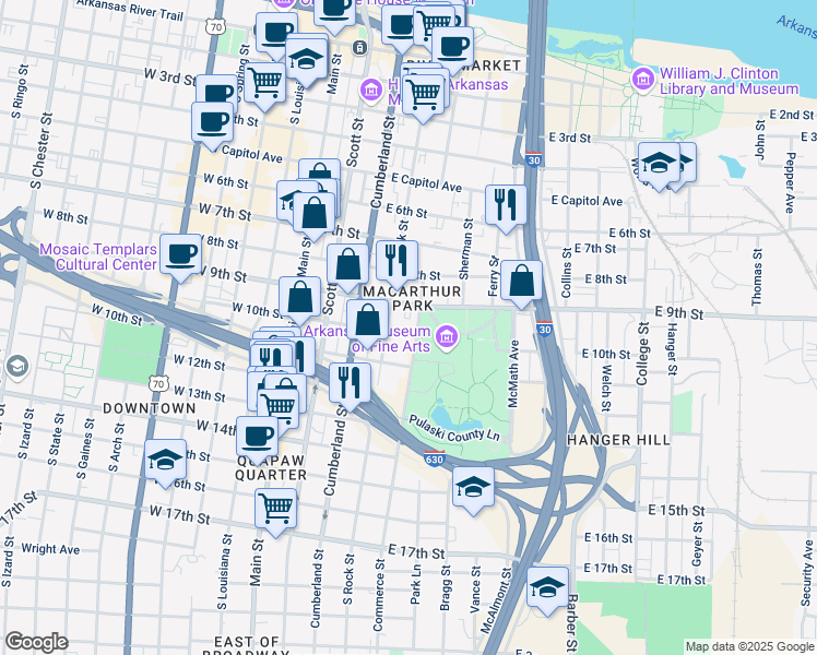 map of restaurants, bars, coffee shops, grocery stores, and more near 409 East 10th Street in Little Rock