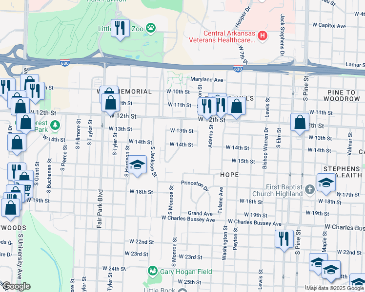 map of restaurants, bars, coffee shops, grocery stores, and more near 1407 Madison Street in Little Rock