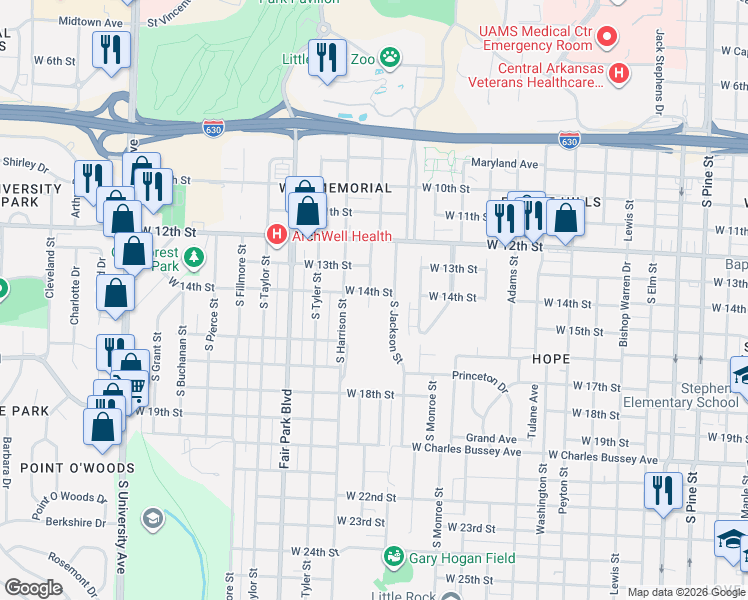 map of restaurants, bars, coffee shops, grocery stores, and more near 1409 South Van Buren Street in Little Rock