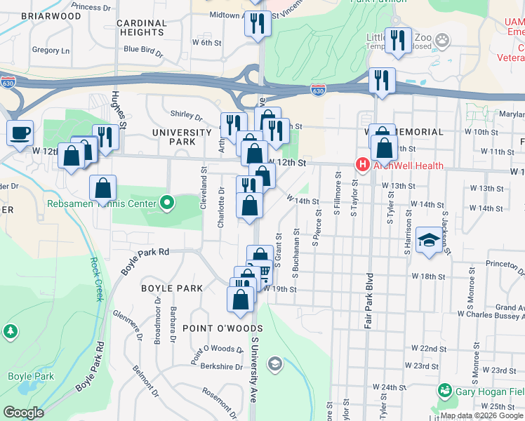 map of restaurants, bars, coffee shops, grocery stores, and more near in Little Rock