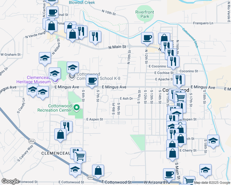 map of restaurants, bars, coffee shops, grocery stores, and more near 985 East Mingus Avenue in Cottonwood