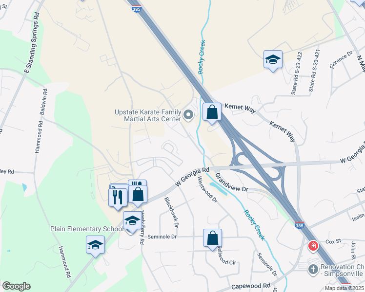 map of restaurants, bars, coffee shops, grocery stores, and more near 109 Hartland Place in Simpsonville