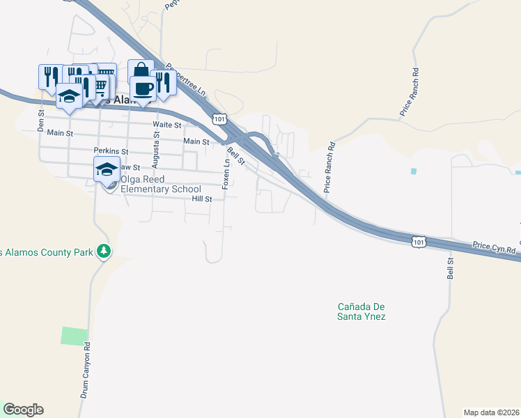 map of restaurants, bars, coffee shops, grocery stores, and more near 895 Vintage Way in Los Alamos