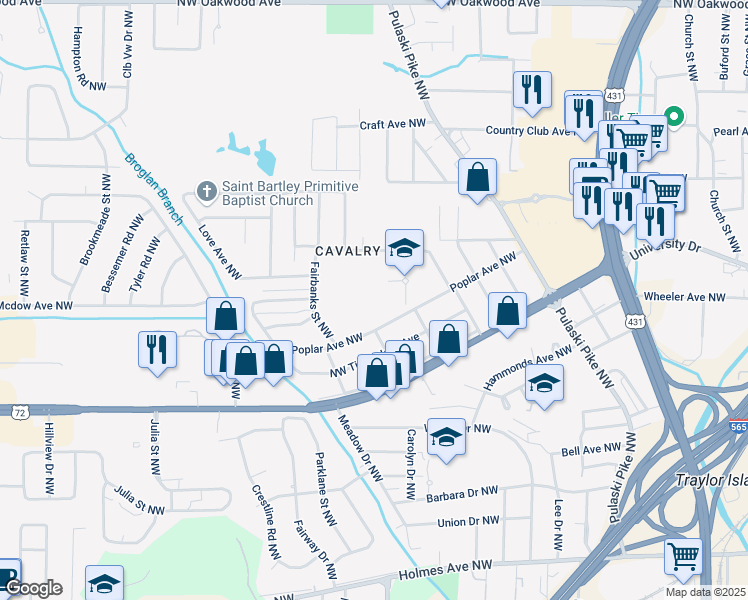 map of restaurants, bars, coffee shops, grocery stores, and more near 2800 Poplar Avenue Northwest in Huntsville