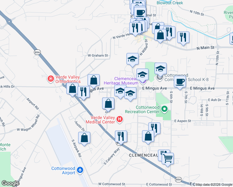map of restaurants, bars, coffee shops, grocery stores, and more near 299 West Mingus Avenue in Cottonwood