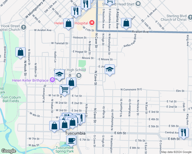 map of restaurants, bars, coffee shops, grocery stores, and more near 608 North Cave Street in Tuscumbia
