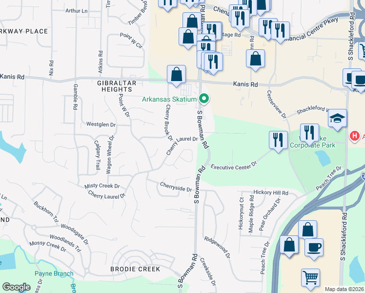 map of restaurants, bars, coffee shops, grocery stores, and more near 22 Springridge Drive in Little Rock