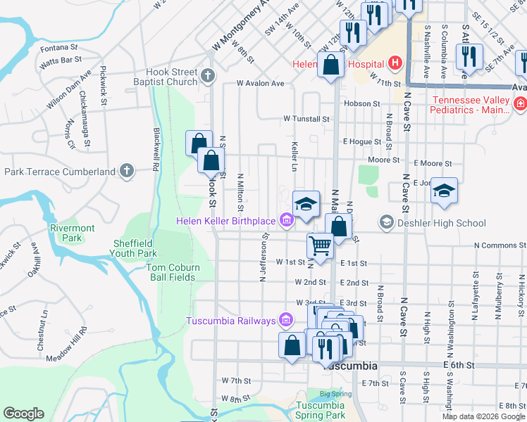 map of restaurants, bars, coffee shops, grocery stores, and more near 601-699 N Jefferson St in Tuscumbia