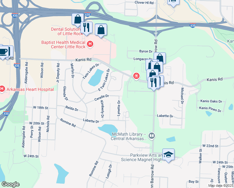 map of restaurants, bars, coffee shops, grocery stores, and more near 9300 Cerelle Drive in Little Rock