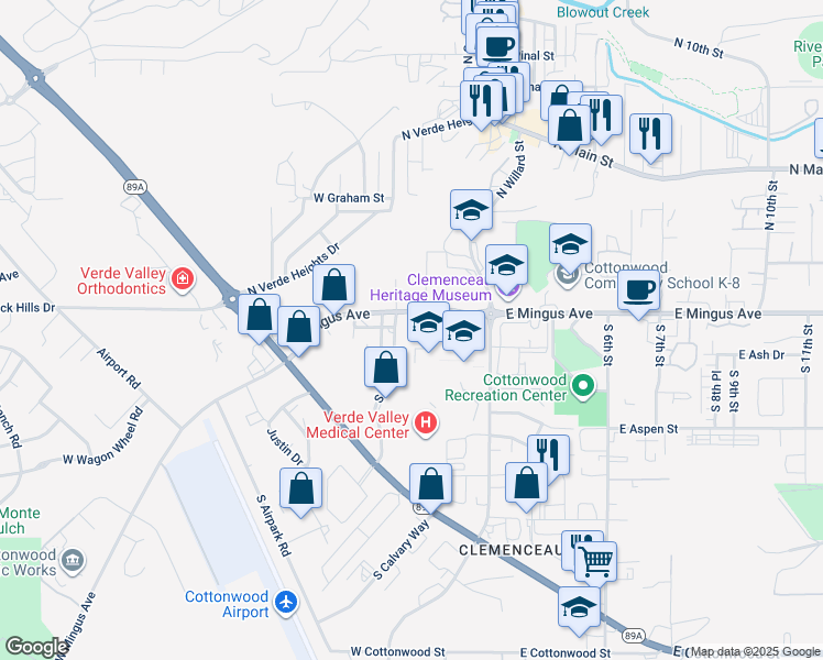 map of restaurants, bars, coffee shops, grocery stores, and more near 301-317 West Ash Drive in Cottonwood