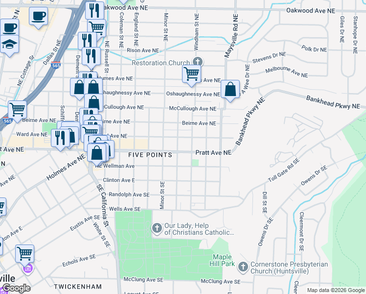 map of restaurants, bars, coffee shops, grocery stores, and more near 1424 Pratt Avenue Northeast in Huntsville