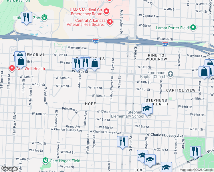 map of restaurants, bars, coffee shops, grocery stores, and more near 4201 West 14th Street in Little Rock