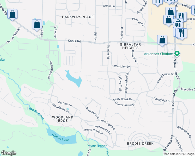 map of restaurants, bars, coffee shops, grocery stores, and more near 1602 Mesquite Drive in Little Rock