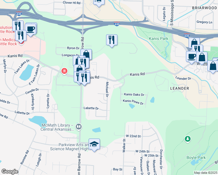 map of restaurants, bars, coffee shops, grocery stores, and more near 1501 Michael Drive in Little Rock