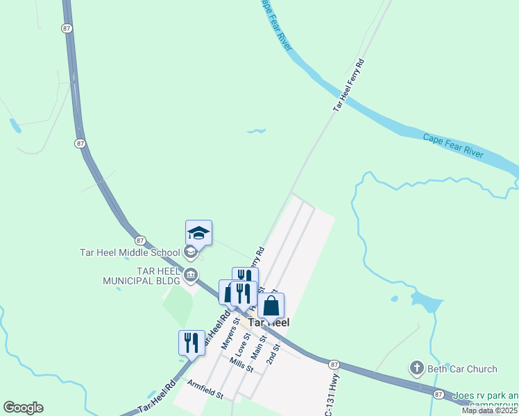 map of restaurants, bars, coffee shops, grocery stores, and more near Tar Heel Ferry Road in Bladen County